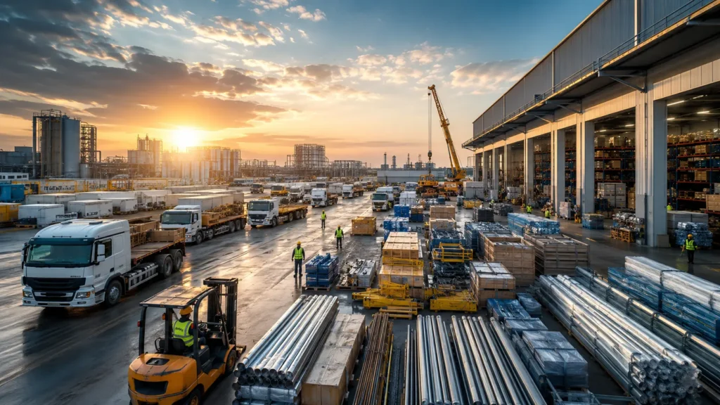 Industrial Logistics And Warehouse Yard At Sunset