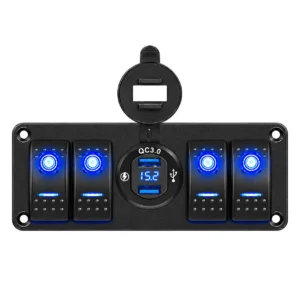 KU-FV-13-001 4-Gang 12V–24V Rocker Switch Panel with Dual USB Charger and Digital Voltmeter