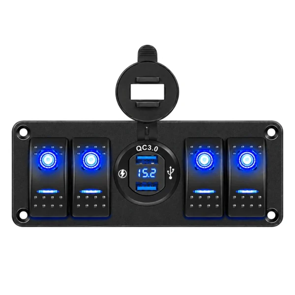 KU-FV-13-001 4-Gang 12V–24V Rocker Switch Panel with Dual USB Charger and Digital Voltmeter