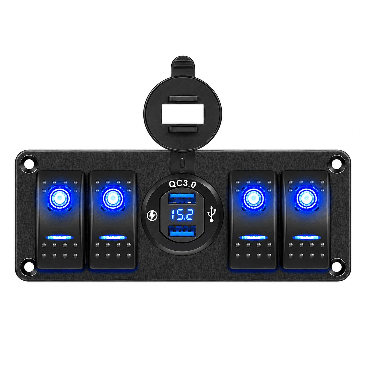 KU-FV-13-001 4-Gang 12V–24V Rocker Switch Panel with Dual USB Charger and Digital Voltmeter