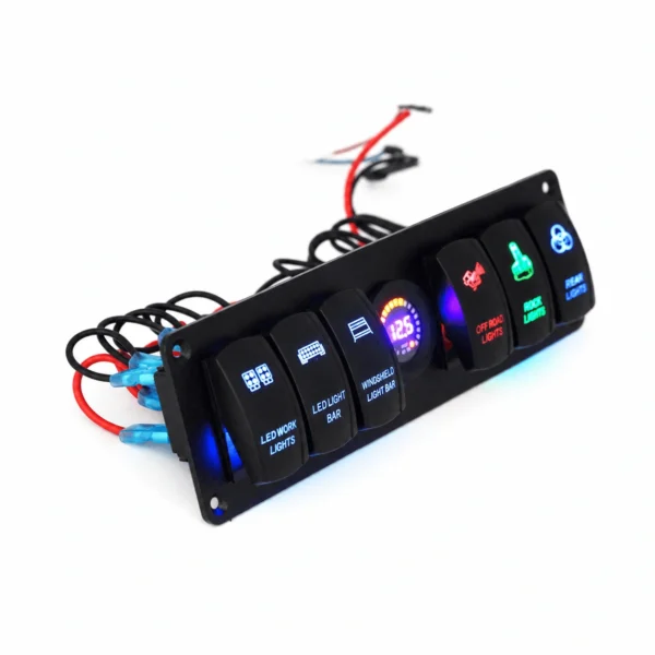 KU-FV-13-003 6-Gang 12V–24V Rocker Switch Panel with Digital Voltmeter
