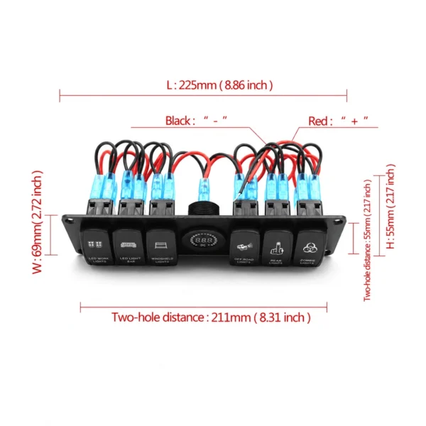 KU-FV-13-003 6-Gang 12V–24V Rocker Switch Panel with Digital Voltmeter