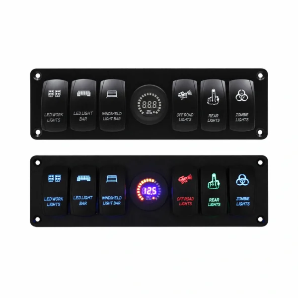 KU-FV-13-003 6-Gang 12V–24V Rocker Switch Panel with Digital Voltmeter