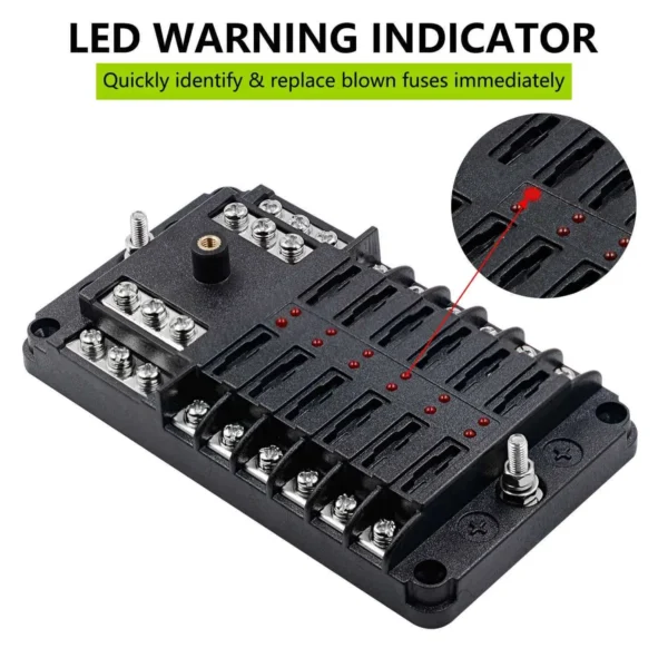 KU-FV-14-002 12-Way Automotive Fuse Block with Negative Bus, LED Indicators and Cover