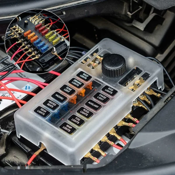 KU-FV-14-002 12-Way Automotive Fuse Block with Negative Bus, LED Indicators and Cover