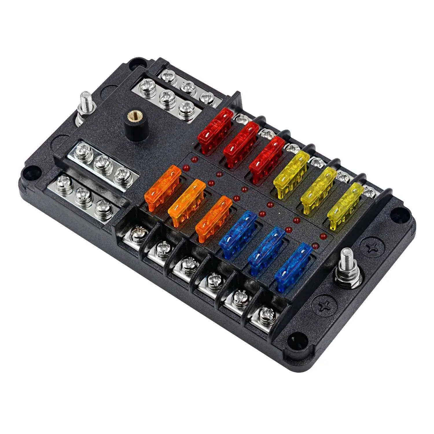 KU-FV-14-002 12-Way Automotive Fuse Block with Negative Bus, LED Indicators and Cover