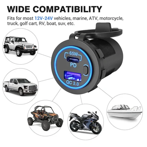 KU-FV-15-001 12V–24V 83W USB-C PD 3.0 and USB-A QC 3.0 Charger Socket with Power Switch