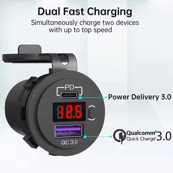 KU-FV-15-002 12V–24V USB-C PD 3.0 and USB-A QC 3.0 Charger Socket with Voltmeter and Power Switch