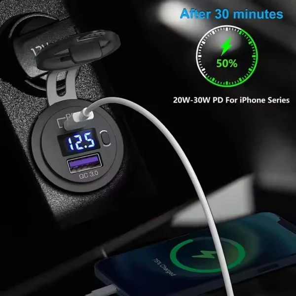 KU-FV-15-002 12V–24V USB-C PD 3.0 and USB-A QC 3.0 Charger Socket with Voltmeter and Power Switch