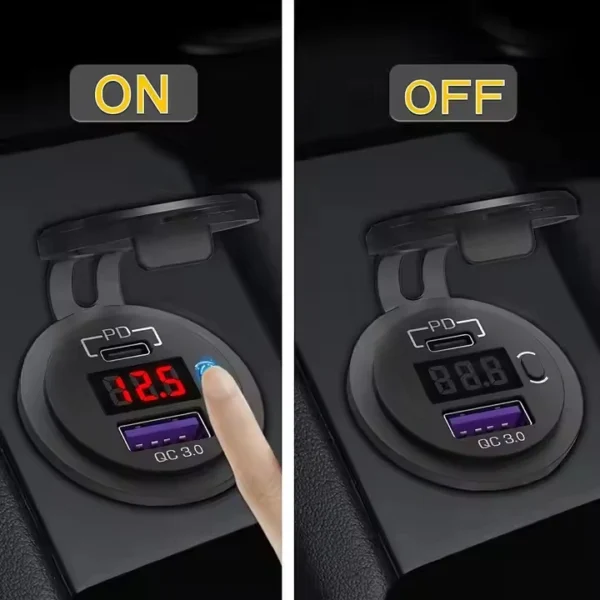 KU-FV-15-002 12V–24V USB-C PD 3.0 and USB-A QC 3.0 Charger Socket with Voltmeter and Power Switch