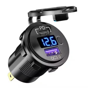 KU-FV-15-002 12V–24V USB-C PD 3.0 and USB-A QC 3.0 Charger Socket with Voltmeter and Power Switch