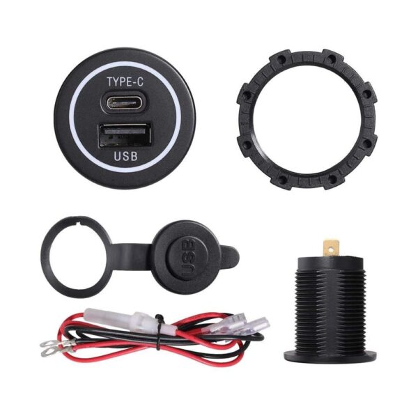 KU-FV-15-003 12–24V USB-C PD and USB-A QC 3.0 Car Charger Socket with Voltmeter and Power Switch