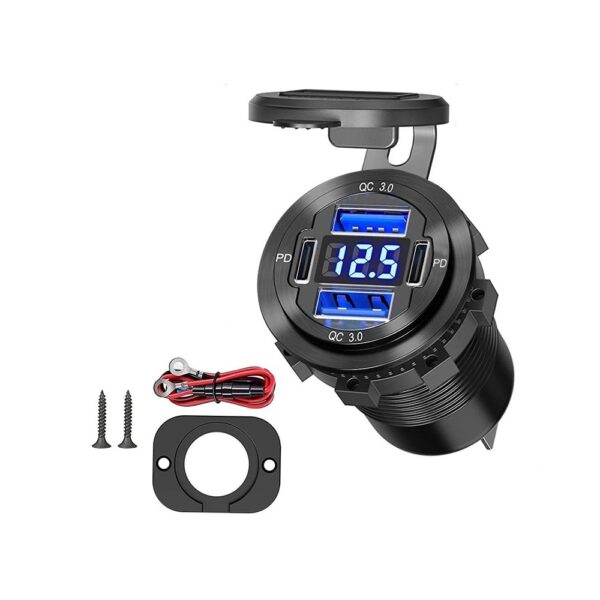 KU-FV-15-003 12–24V USB-C PD and USB-A QC 3.0 Car Charger Socket with Voltmeter and Power Switch