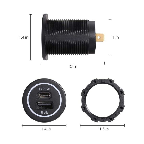 KU-FV-15-003 12–24V USB-C PD and USB-A QC 3.0 Car Charger Socket with Voltmeter and Power Switch