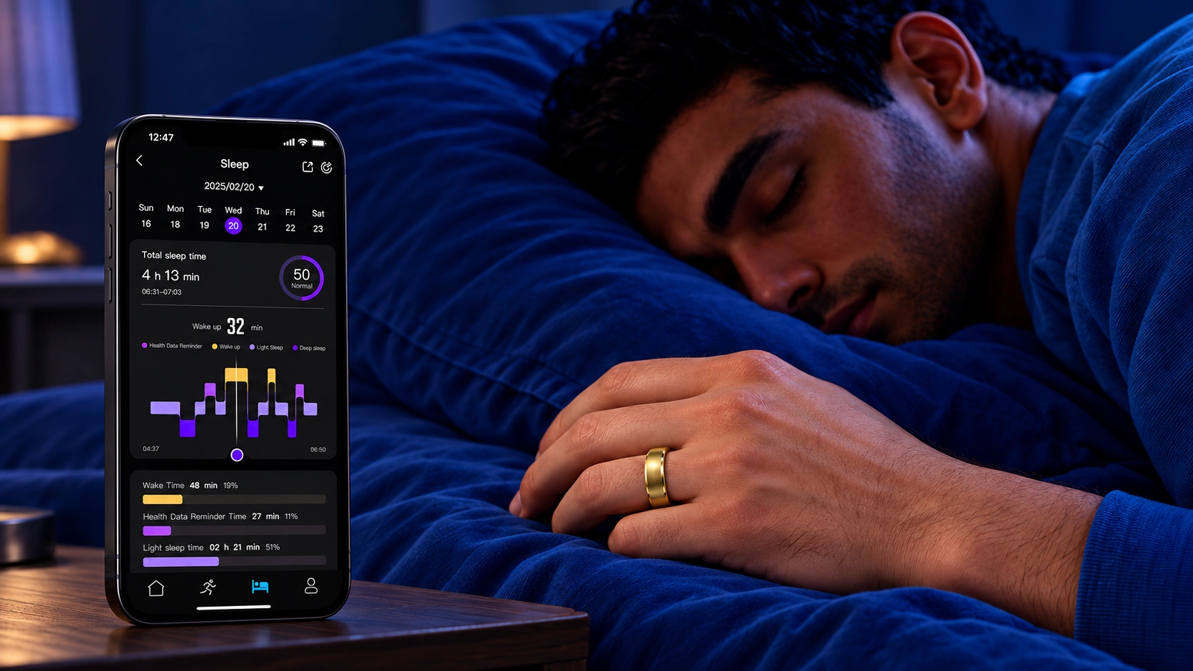 Smart ring sleep tracking with mobile APP data display