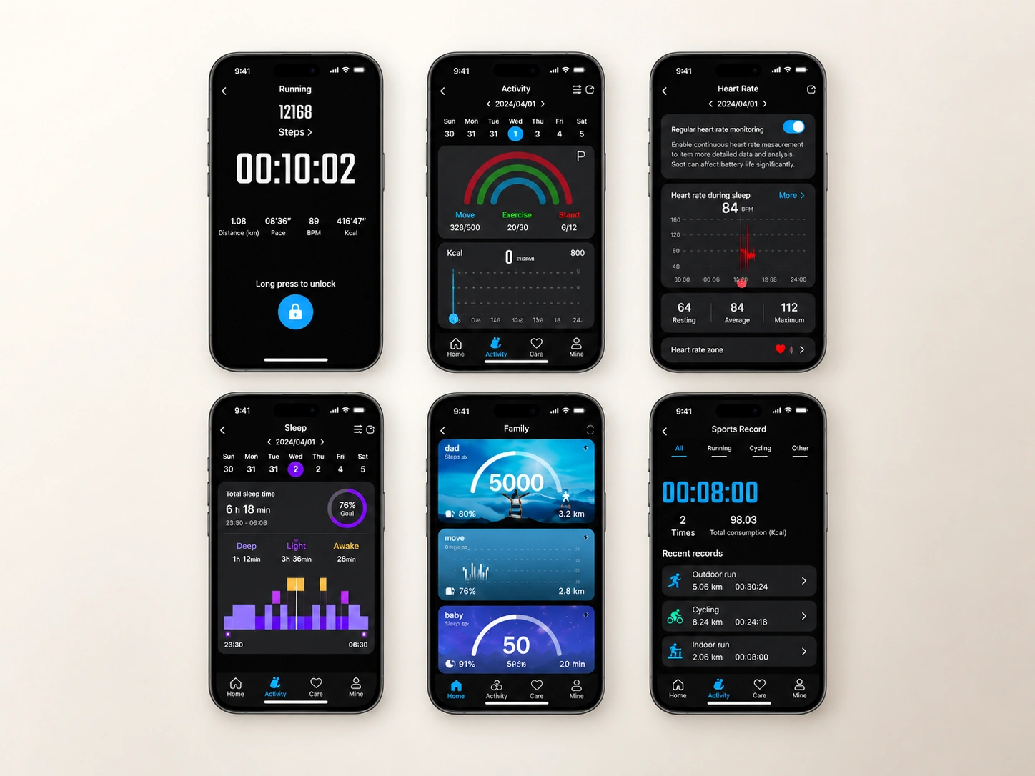 Fitness smart ring mobile APP screens